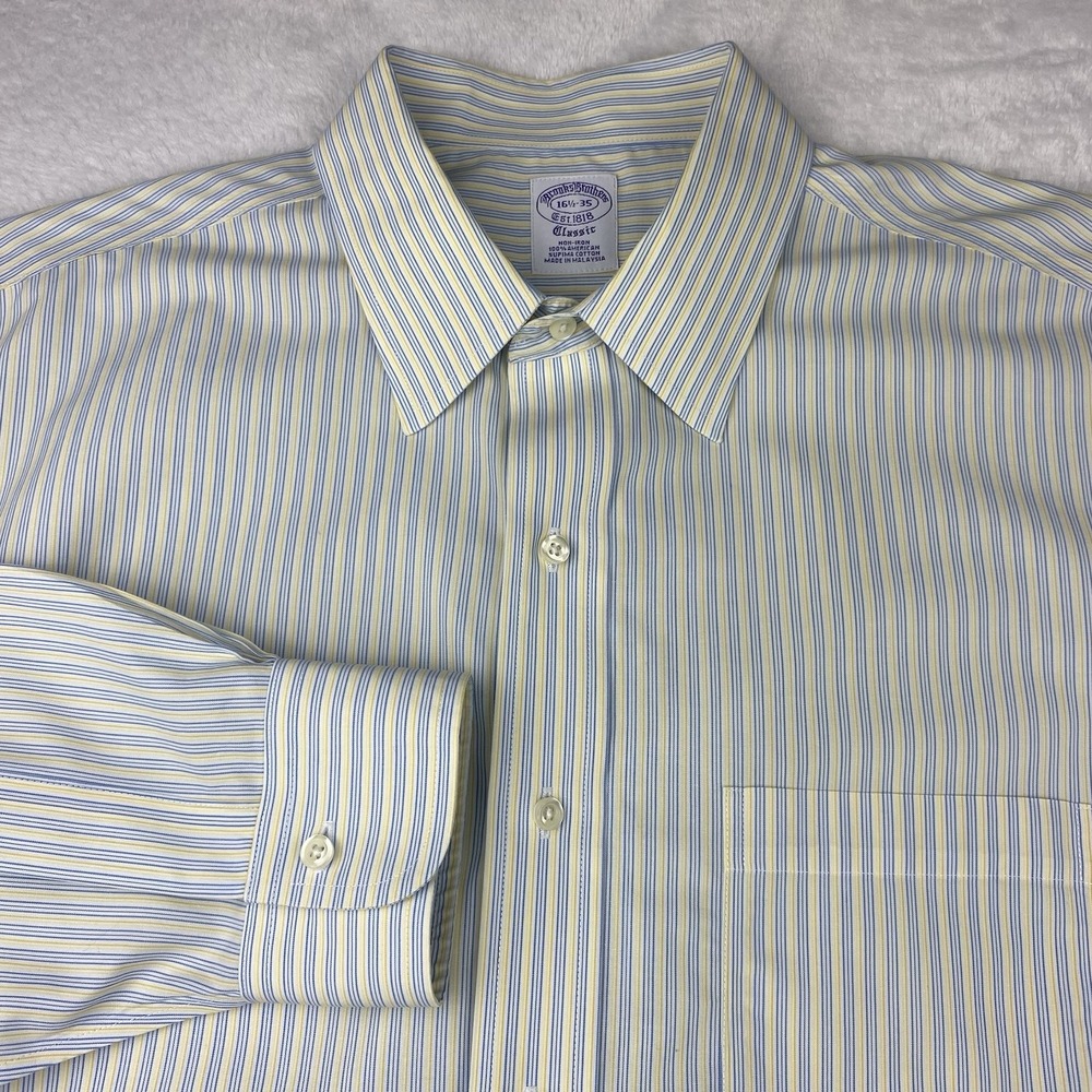 Brooks Brothers Dress Shirt Mens 16.5-35 Blue/Yellow Stripe No Iron Purple Label